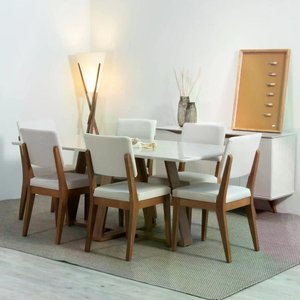 Conjunto de Jantar Mesa com Vidro Avena 6 Cadeiras Ella - Canella C/ Off White