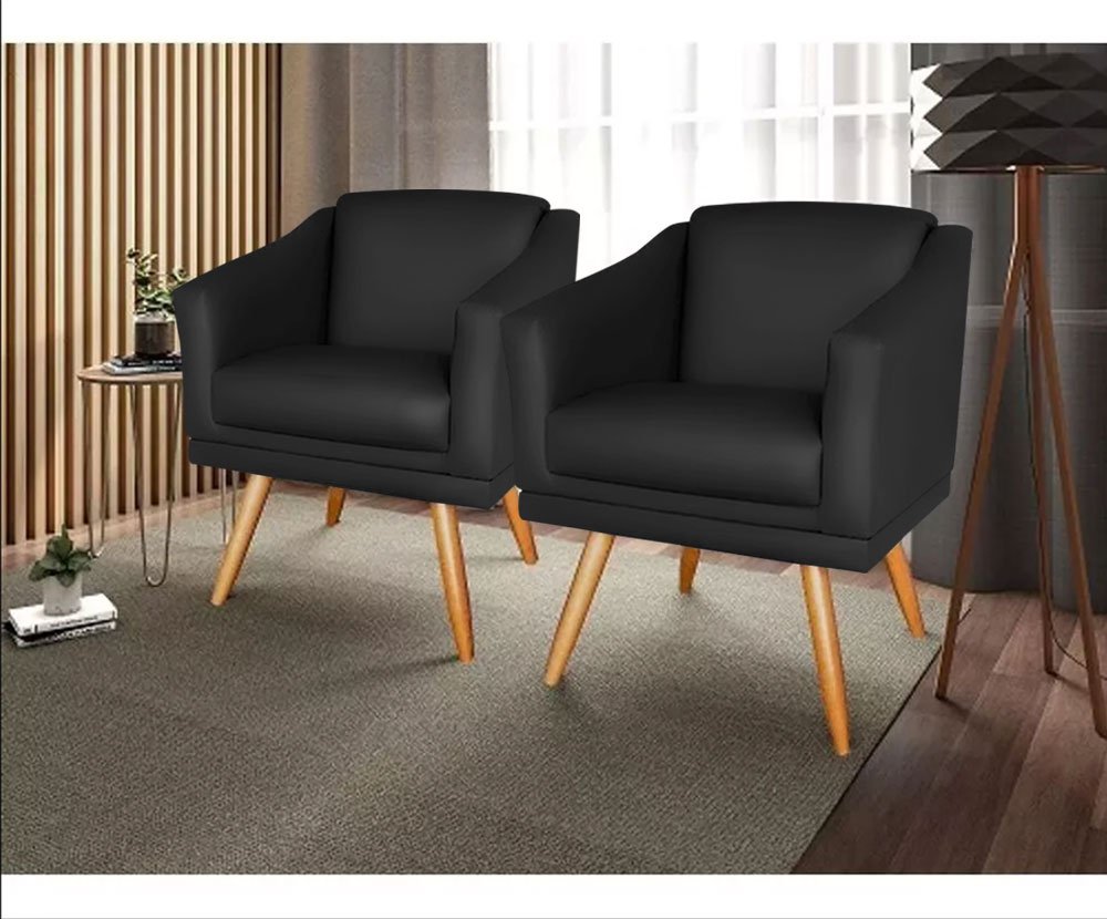 Kit 2 Poltronas para Sala Recepção Escritório Consultório Suede Preto