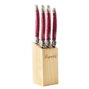Conjunto de 6 Facas Laguiole La Tour Luxo com Cepo de Madeira - Bordô