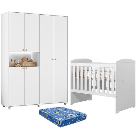 Berço Americano Carinho com Colchão Ortobom com Guarda Roupa Infantil Vittoria 6 Portas Branco - m