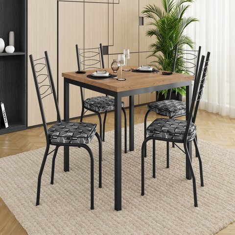 Conjunto Sala de Jantar Mesa Quadrada 90cm Tampo BP com 4 Cadeiras Adriana Preto/Mosaico Silver
