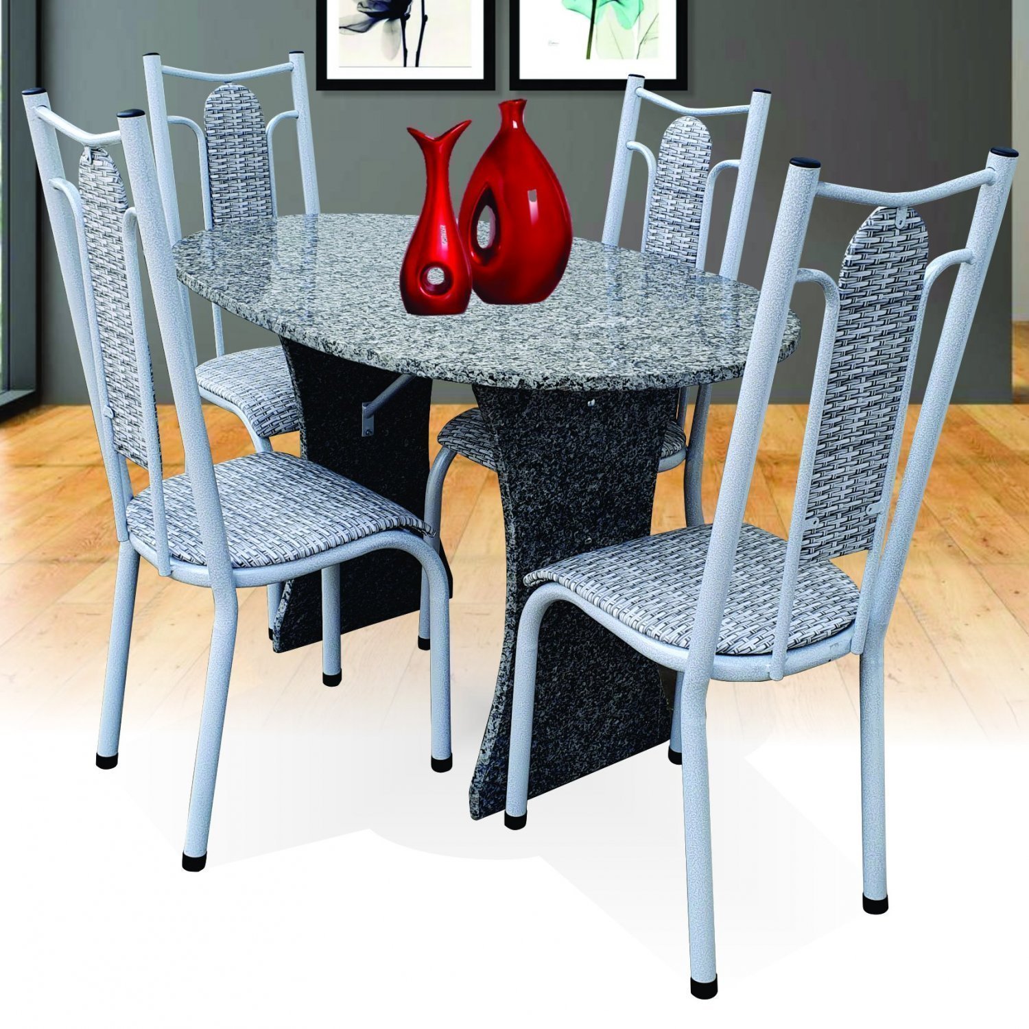 Conjunto de Cozinha Mesa Tampo em Granito Oval Paris 4 Cadeiras Aço Coelho