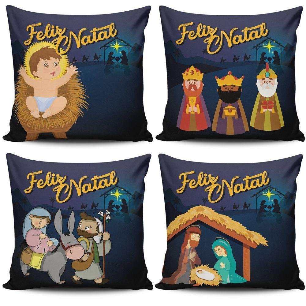 Kit C/ 4 Almofadas Cheias Estampadas Natalinas Feliz Natal Família Sagrada 45cm X 45cm com Refil