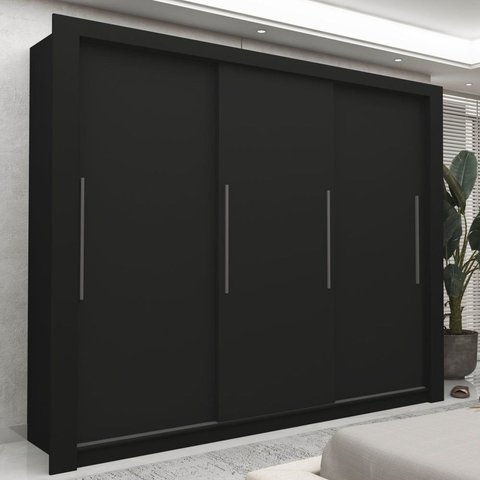 Guarda-Roupa Casal 100% MDF 3 Portas de Correr 2 Gavetas Preto Roma