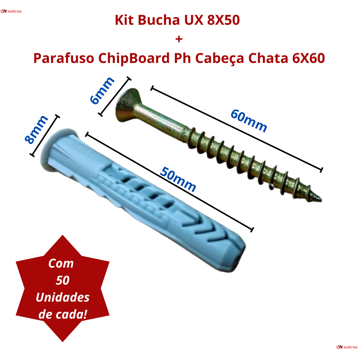 Kit Bucha Ux 8x50 + Parafuso Chipboard 6X60 50 Unid. De Cada - 5