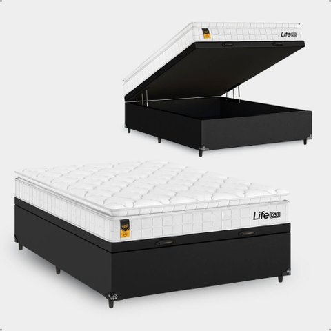 Cama Box Baú Viúva Couro Preto + Colchão Life D33 Pillow Top 61x128x188cm Branco - e-Shop Casa