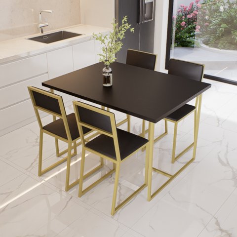 Conjunto Mesa de Jantar Retangular Preta 4 Cadeiras Estofado Riviera Industrial Dourado Don Castro D