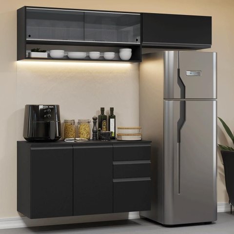 Armário de Cozinha Compacta 200 cm Suspenso Preto Nice Madesa 12 Xa