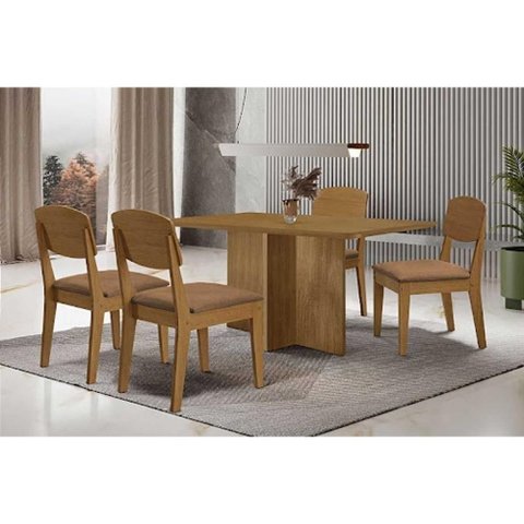 Conjunto: Mesa de Cozinha Berlim C/ Tampo Madeirado Canto Curvo 120x80cm e 4 Cadeiras Havana