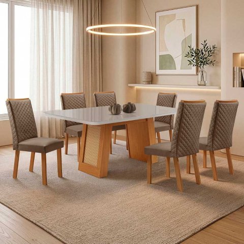 Mesa de Jantar Carolina 180cm Tampo MDF e Vidro Canto Copo com 6 Cadeiras Lira