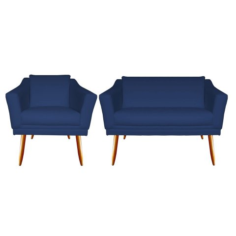 Kit Namoradeira + 1 Poltrona Decorativa Agatha Suede Azul Marinho Pés Madeira Ms Decor