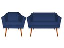 Ver imagem 1 de Kit Namoradeira + 1 Poltrona Decorativa Agatha Suede Azul Marinho Pés Madeira Ms Decor