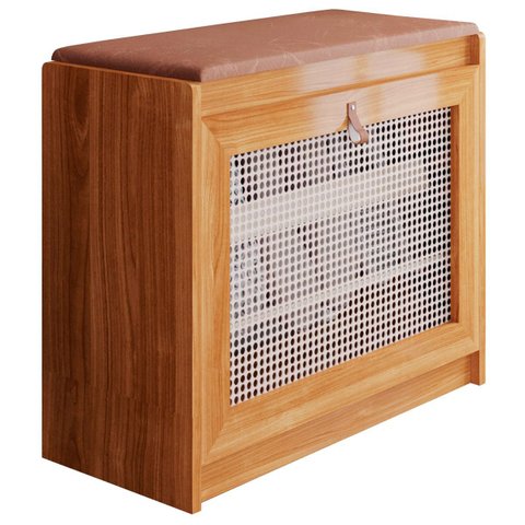 Sapateira Entrada com Banco Estofado Nature Marrom Porta Ratan Madeira Maciça