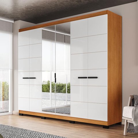 Roupeiro Lisboa 6 Portas com Espelho 4 Gavetas 242x214cm Freijó/Branco 240855