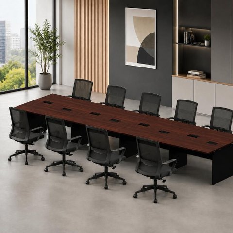 Mesa Estação de Trabalho 4,80 m X 1,20 m 8 Lugares Pés Painel F5 Office Cor:Louro Preto com Preto