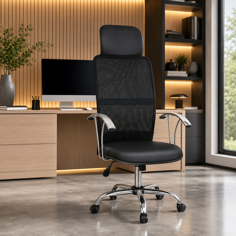 Cadeira Escritório Presidente Ergonômica Executiva Estofada Giratória Apoio Lombar Mesh - 140kg