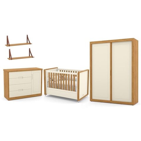Dormitório Tutto New 2 Portas, Cômoda 1 Porta, Berço Off White/Freijó e Prateleiras - Matic Móveis