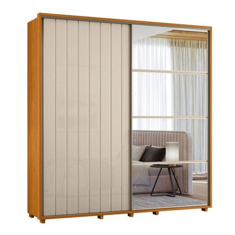 Guarda-roupa Casal Monet Ripado 2 Portas de Correr 4 Gavetas 1 Porta C/ Espelho - 7 Decor Cinamomo e