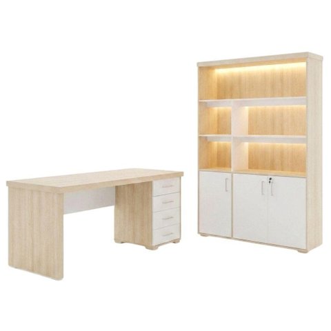 Mesa Escritorio 4 Gavetas 180x80 cm e Estante com LED 3 Portas 193x136 cm Carvalho Branco Artany