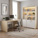 Ver imagem 2 de Mesa Escritorio 4 Gavetas 180x80 cm e Estante com LED 3 Portas 193x136 cm Carvalho Branco Artany