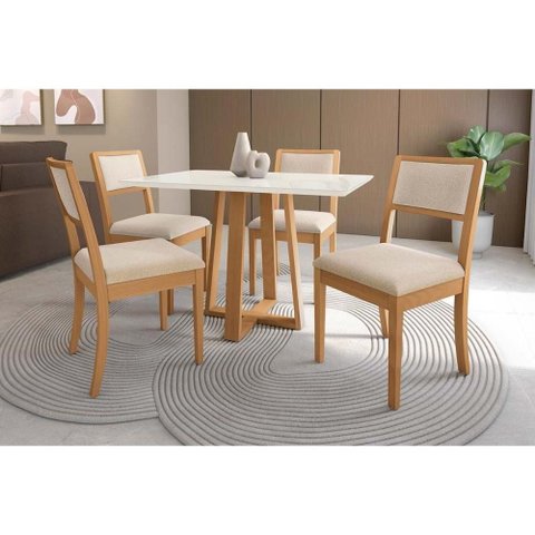 Conjunto Sala de Jantar Elma Premium Madeira Maciça C/ Tampo Madeirado C/ Vidro 120x80cm e 4