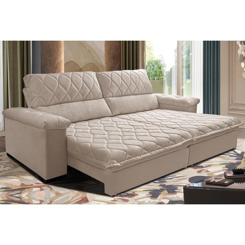 Sofá Retrátil e Reclinável 2,75m Molas Ensacadas Cama inBox Big Home com Bordado 3D Velusoft