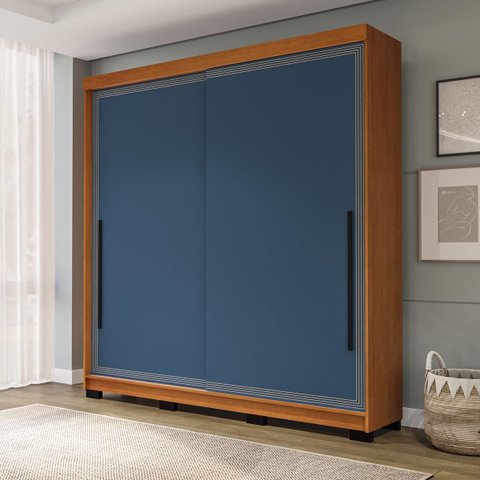 Roupeiro Valência 2 Portas de Correr 2 Gavetas 177x213cm Freijó/Azul 240835