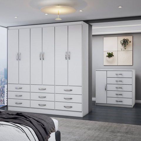 Guarda-roupa Casal Grace 6 Portas 9 Gavetas com Cômoda 1 Porta 5 Gavetas Branco - Panorama Móveis