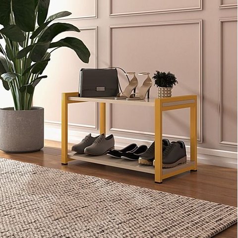 Mesa de Centro Sapateira Hall de Entrada Sala Aço Mdf Moderna Base Dourada Prateleiras Off White
