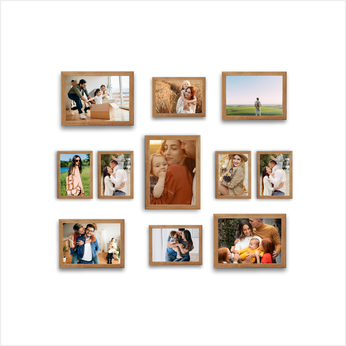 Mosaico de Porta Retrato Kit 11 -(20x25 / 10x15 / 15x20) Linha One Vidro Cor:carvalho