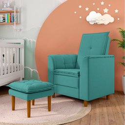 Poltrona de Amamentação Quarto Infantil com Puff Kate Pés Palito Suede Azul Turquesa + Binde Amofada - 2