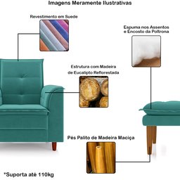 Poltrona de Amamentação Quarto Infantil com Puff Kate Pés Palito Suede Azul Turquesa + Binde Amofada - 3