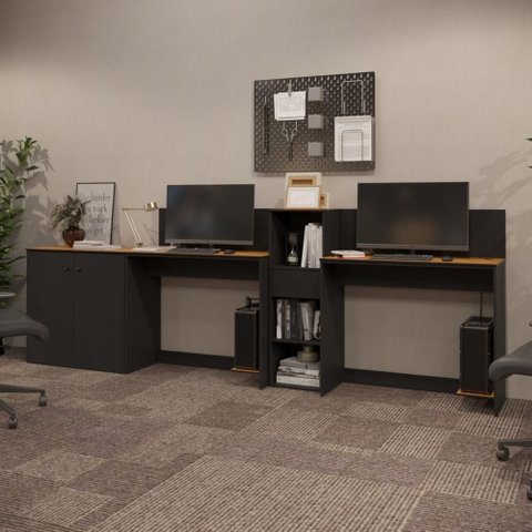 Conjunto de Escritório Noruega 1 Livreiro 1 Buffet e 2 Mesas 90cm - Via Nossa - Preto e Cedro