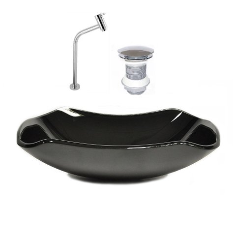 CUBA DE VIDRO ABAULADA 45CM PRETO + VALVULA + TORNEIRA