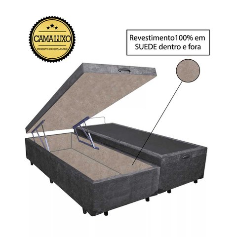 Base Box Baú King Luxo Blindado Bipartido AColchoes Suede Cinza 41x193x203