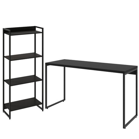 Kit Escritório Estante Areta 4 Prateleiras com Mesa Industrial Aspen 135cm C01 Onix - Lyam Decor