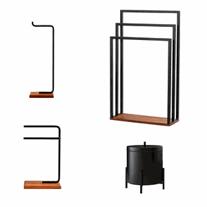 Kit Banheiro Porta Toalha Duplo Lixeira Suporte Papel Higiênico Porta Toalha Triplo Base de Madeira - ÉdeCasaMóveis