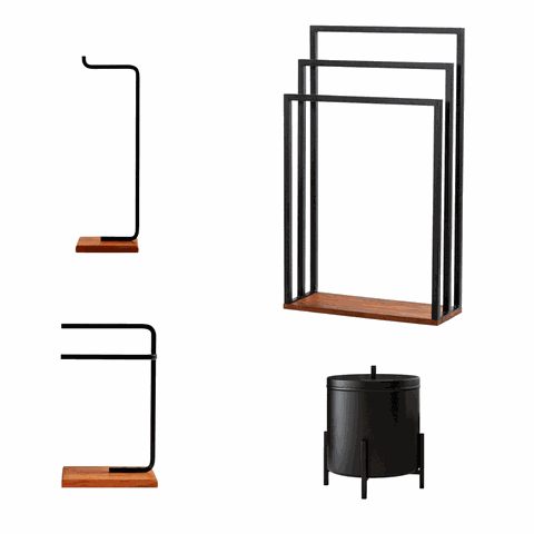 Kit Banheiro Porta Toalha Duplo Lixeira Suporte Papel Higiênico Porta Toalha Triplo Base de Madeira - ÉdeCasaMóveis                            