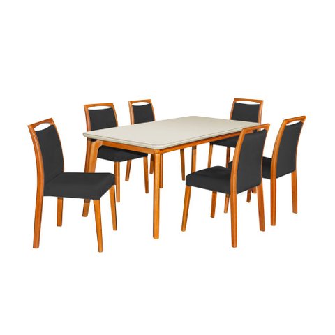 Mesa Jantar Luxo Jade 160x90cm Off White com 6 Cadeiras Estofadas Veludo Preto Base Madeira Maciça M
