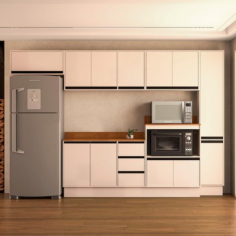 Cozinha Koya 6 Peças 316,8cm Armários Aéreos Paneleiro Balcões com Tampo Rodapé Creme 250050