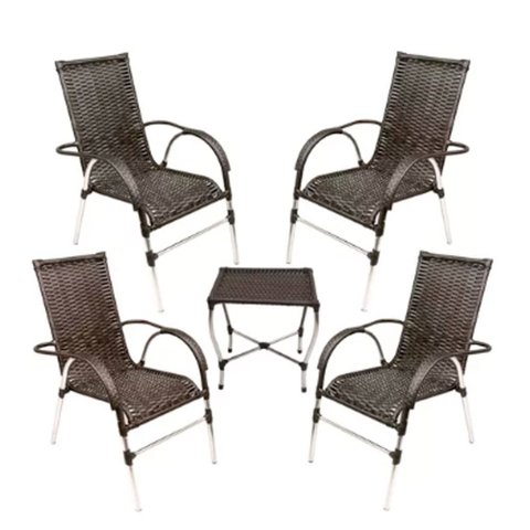 Kit 4 Cadeiras Poltrona para Área Varanda e Mesa de Centro Vênus em Fibra Sintética Trama