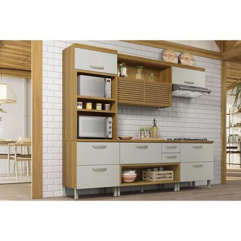 Kit Cozinha Modulada 4 Peças Princesa 1 Aéreo + 2 Balcões + 1 Paneleiro C6p65 Freijó Off White