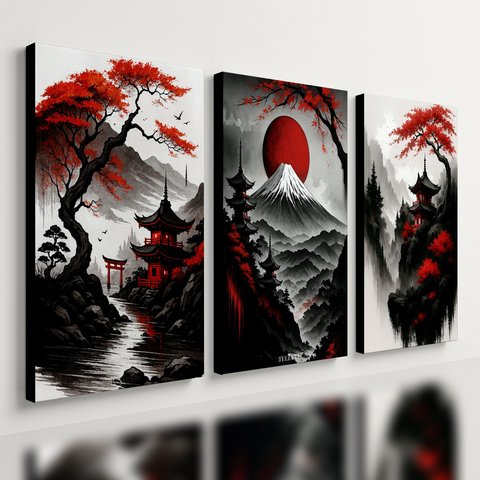 Kit 3 Quadro Decorativo Paisagem Japonesa Japão Samurai Qualidade Premium 40x28cm