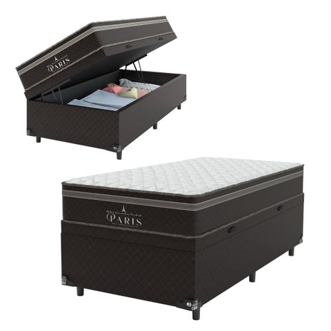 Cama Box Baú Solteiro + Colchão Paris Molas Ensacadas Pocket - 66x88x188cm - Jacquard
