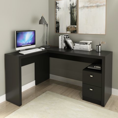 Escrivaninha Mesa Escritório em L com ME4129 2 Gavetas 135,8cm Preto