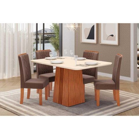 Sala de Jantar Completa Italia C/ Tampo Madeirado C/ Vidro 120x90cm e 4 Cadeiras Zoe Freijo/off