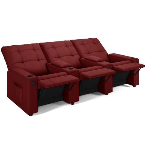 Poltrona do Papai Reclinável Cinema 3 Lugares Manual Baú Usb Haifa F05 Veludo Vermelho - Lyam Decor