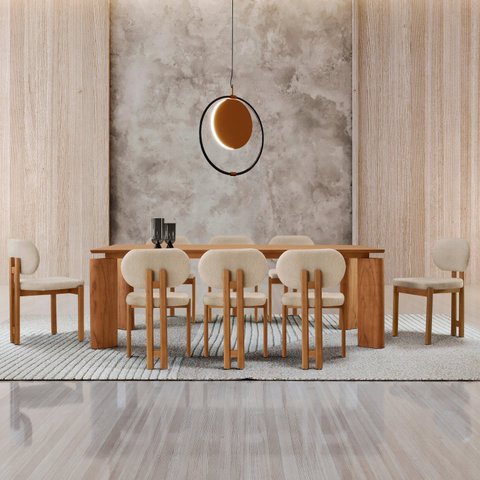 Sala de Jantar Mesa 220cm Tampo Laminado 8 Cadeiras Tokyo Madeira Maciça Marrom/Off White/Imbuia