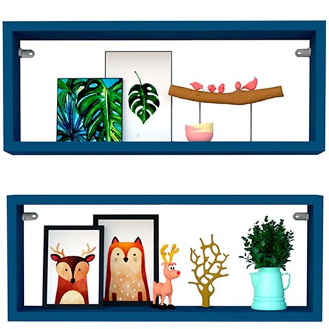 Kit 2 Nicho Retangular Azul 40x20x10p Mdf Decorativo