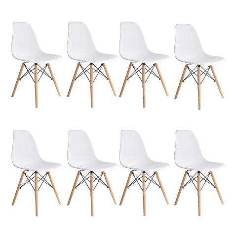 Kit com 8 Cadeira Eames Eiffel Wood Branca para Sala de Jantar